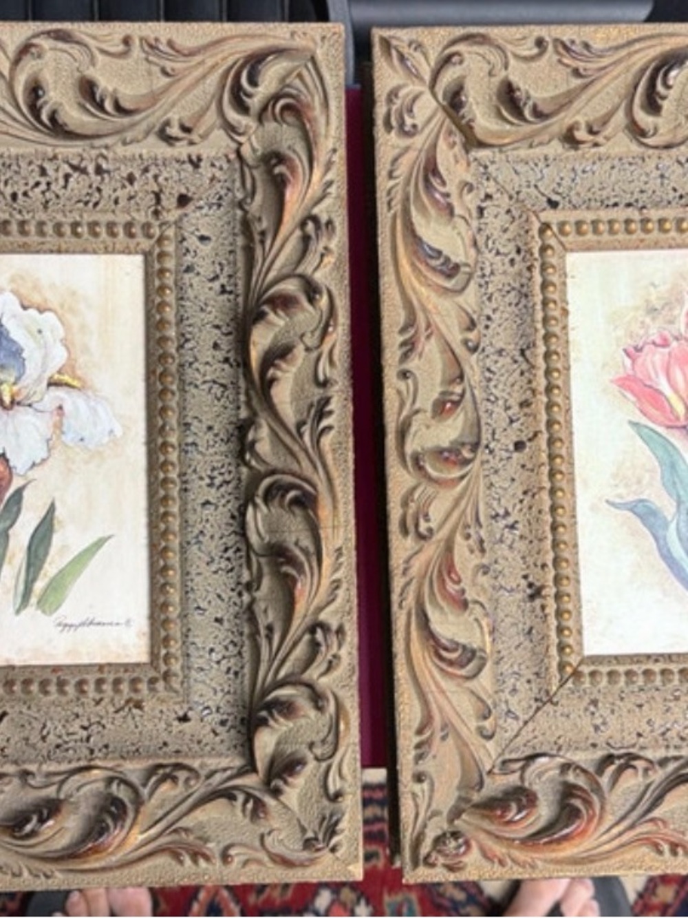 Vintage Peggy Abram's Framed Botanical Set of 2 Ornate Gold Baroque Frames Iris